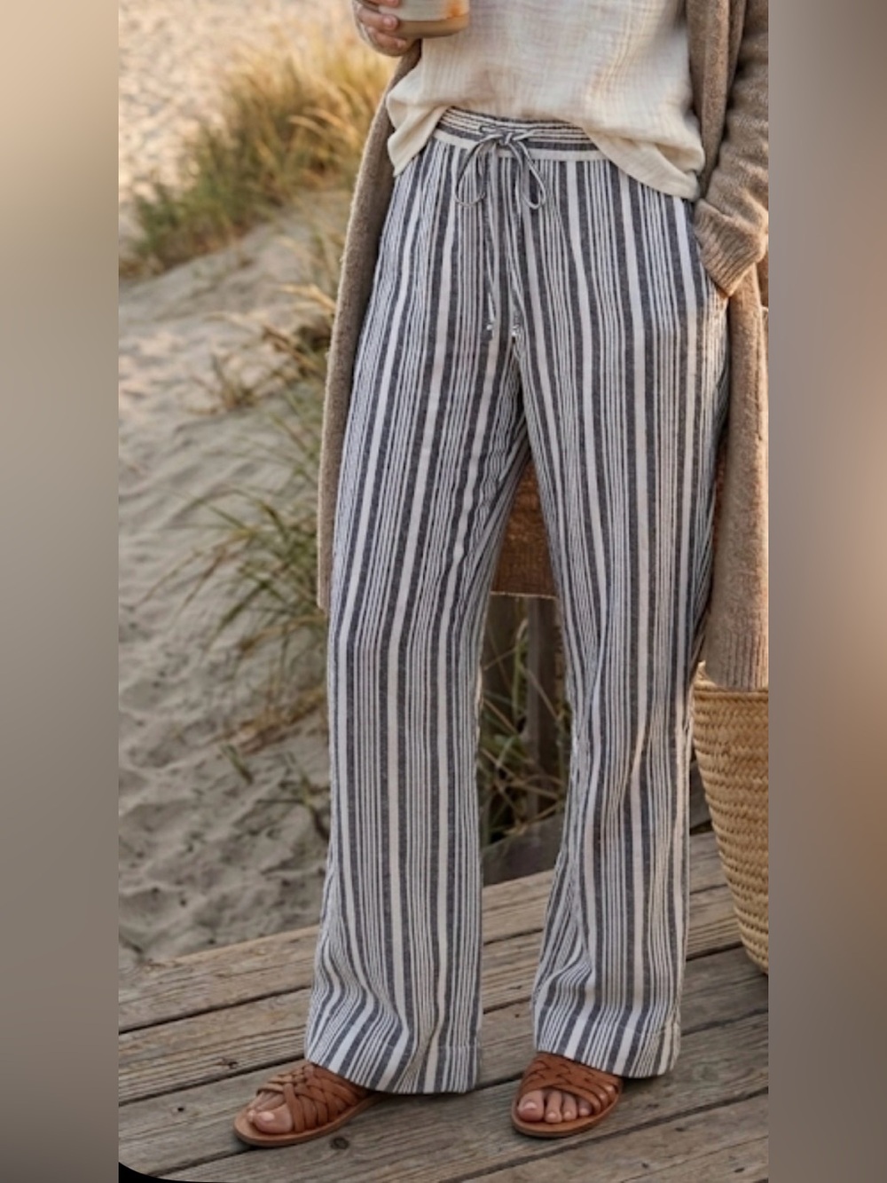 Old Navy Navy and White Striped Pants L rayon cotton elastic waist boho summer